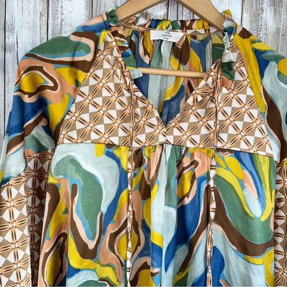 Entro All In A Day Abstract Brown/Yellow Satin Blouse - Picture 5 of 7